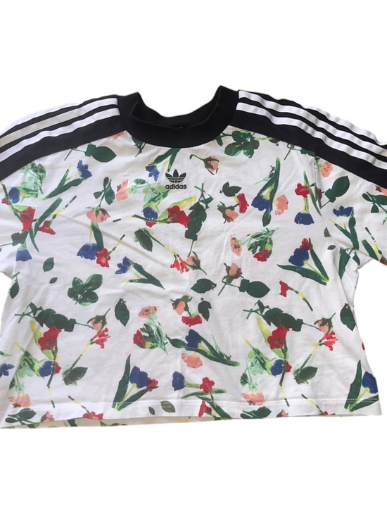 adidas Tops - Adidas Women’s Floral Print Cropped Tee with Striped Shoulders - White/Multi